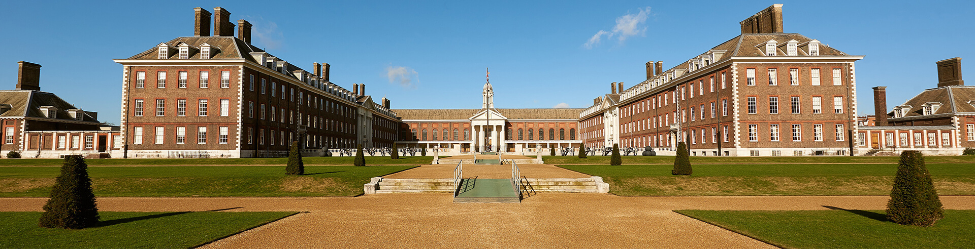 Royal Hospital Chelsea - facing figure court from the south grounds on a bright clear day.