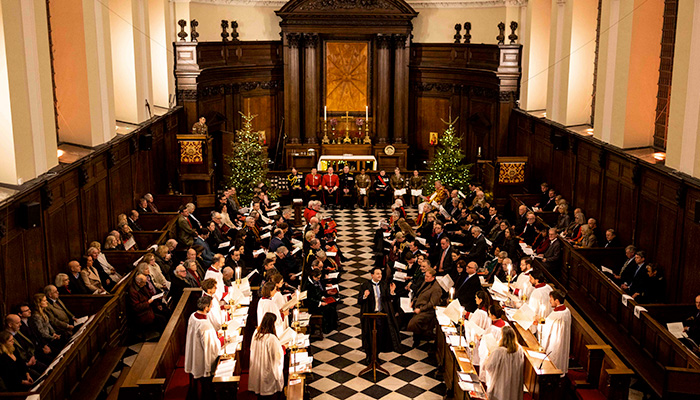 A festive Christmas carol service takes place in the Wren Chapel at the Royal Hospital Chelsea