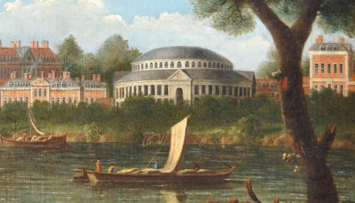 Historic painting of the River Thames from the south of The Royal Hospital Chelsea and the now removed Rotunda building