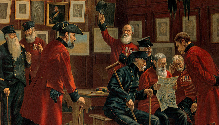 Historic painting of the Chelsea Pensioners at their home the Royal Hospital Chelsea