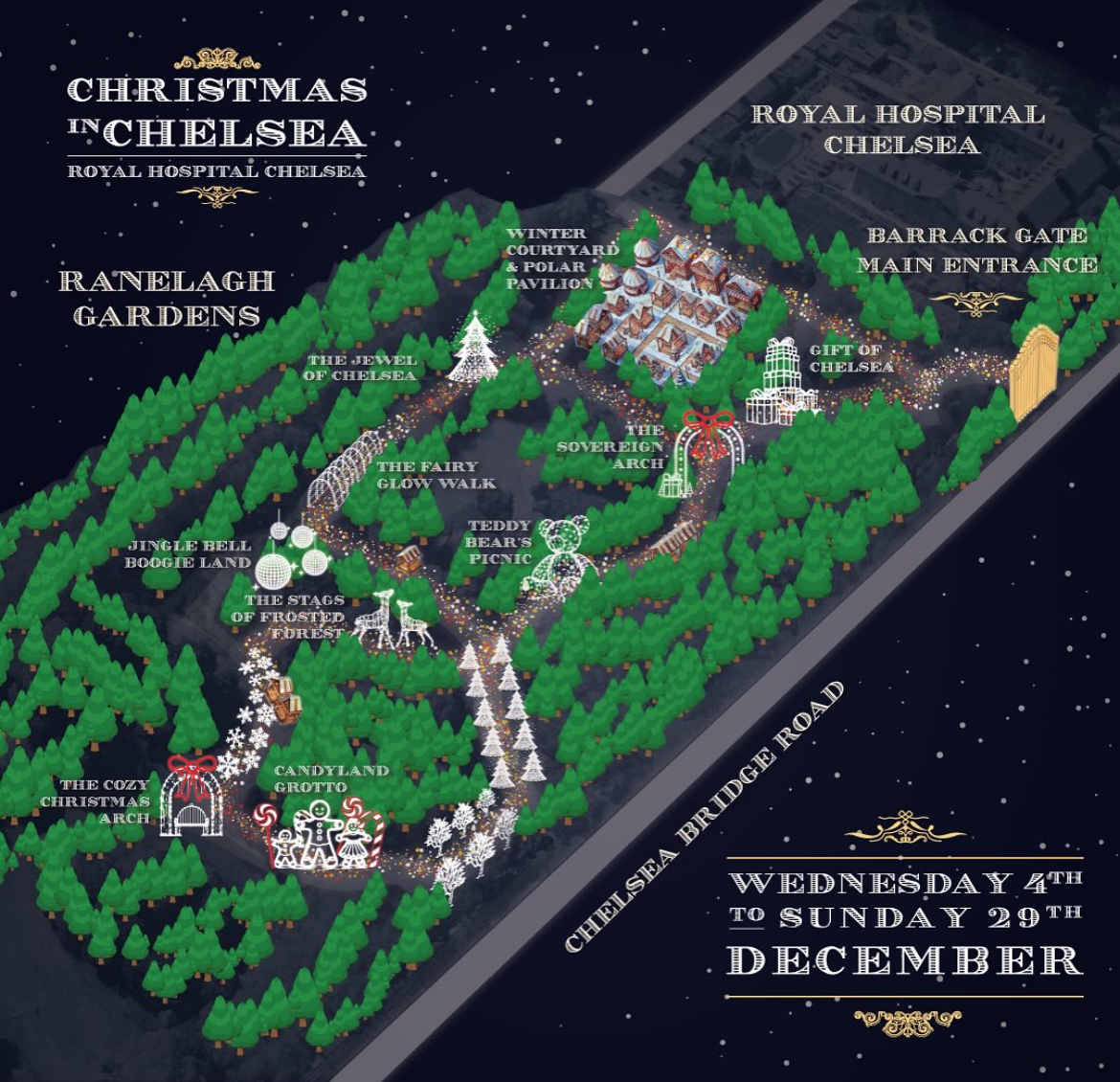 Map of the Christmas in Chelsea lights trail in the Royal Hospital Chelsea gardens