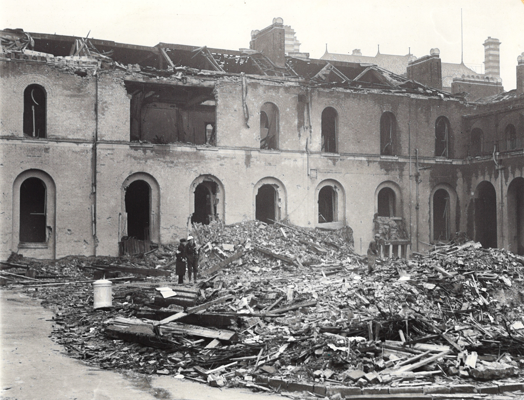 The aftermath of bombing on the Soane Infirmary, 16 April 1941