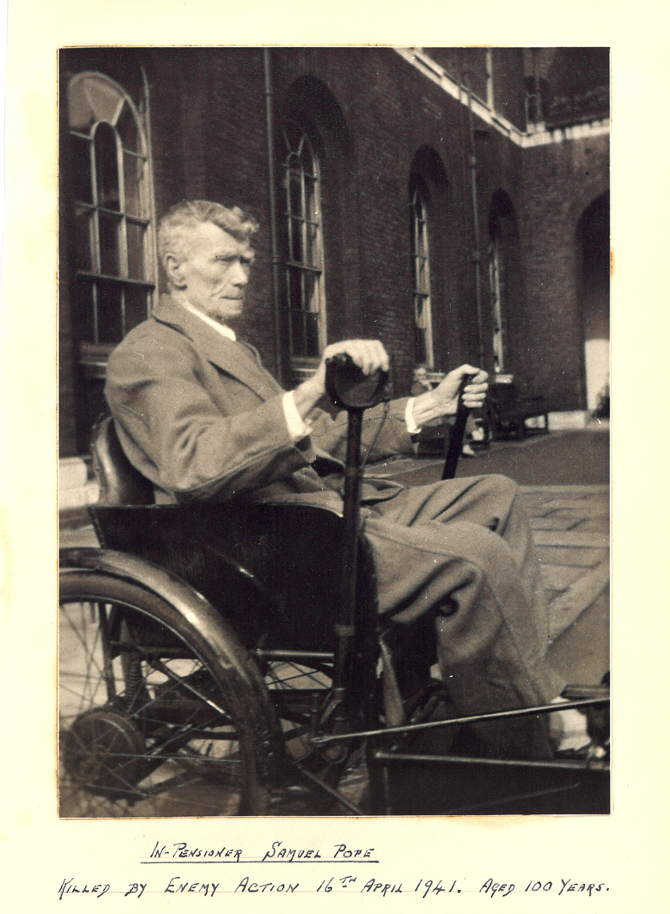 The centenarian, Samuel Pope, sitting in the Infirmary garden