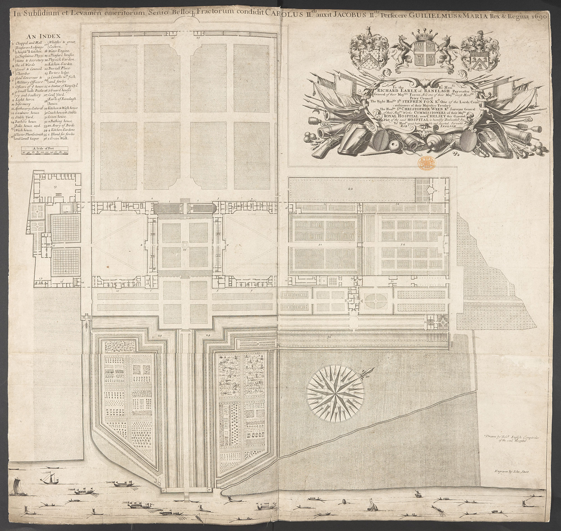 Plan of the Royal Hospital’s grounds, dated 1690, by Robert Inglish. The ‘Apothecary’s Laboratory’ (11) and ‘Physick Garden’ (20) are clearly marked. 