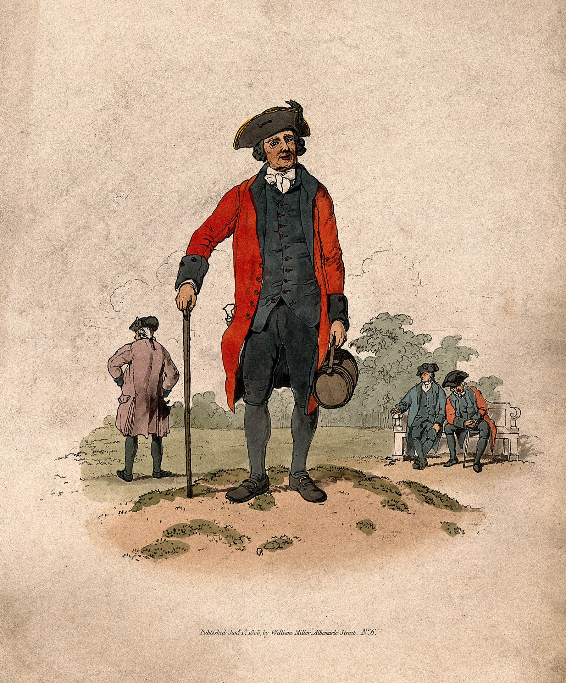    A Chelsea Pensioner in his scarlet coat and tricorne hat. W H Pyne, 1805