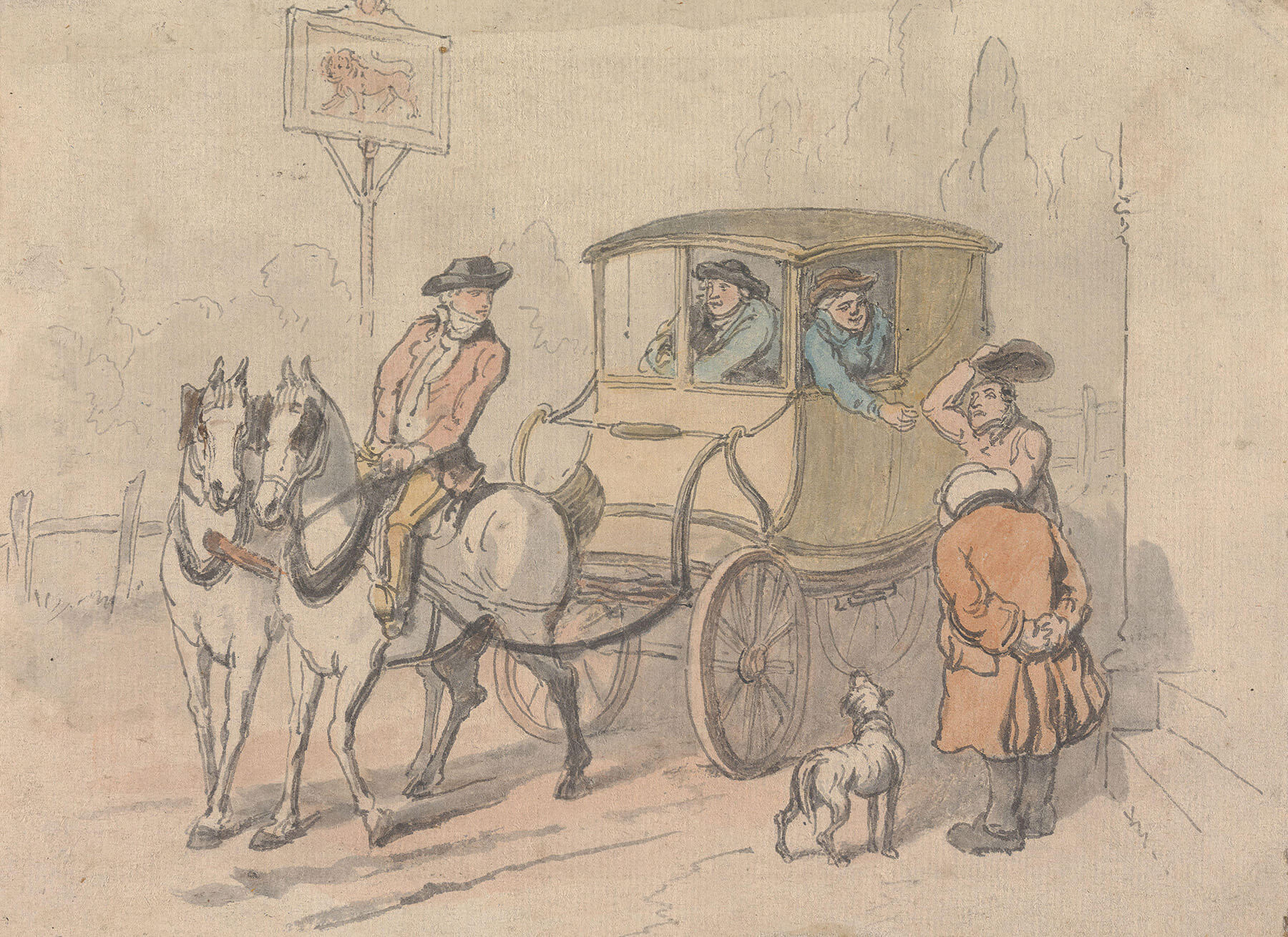 ‘The Departure of a Post-Chaise From the (?) Red Lion Inn, Bagshot’, possibly by Samuel Howitt, 1756–1822. 