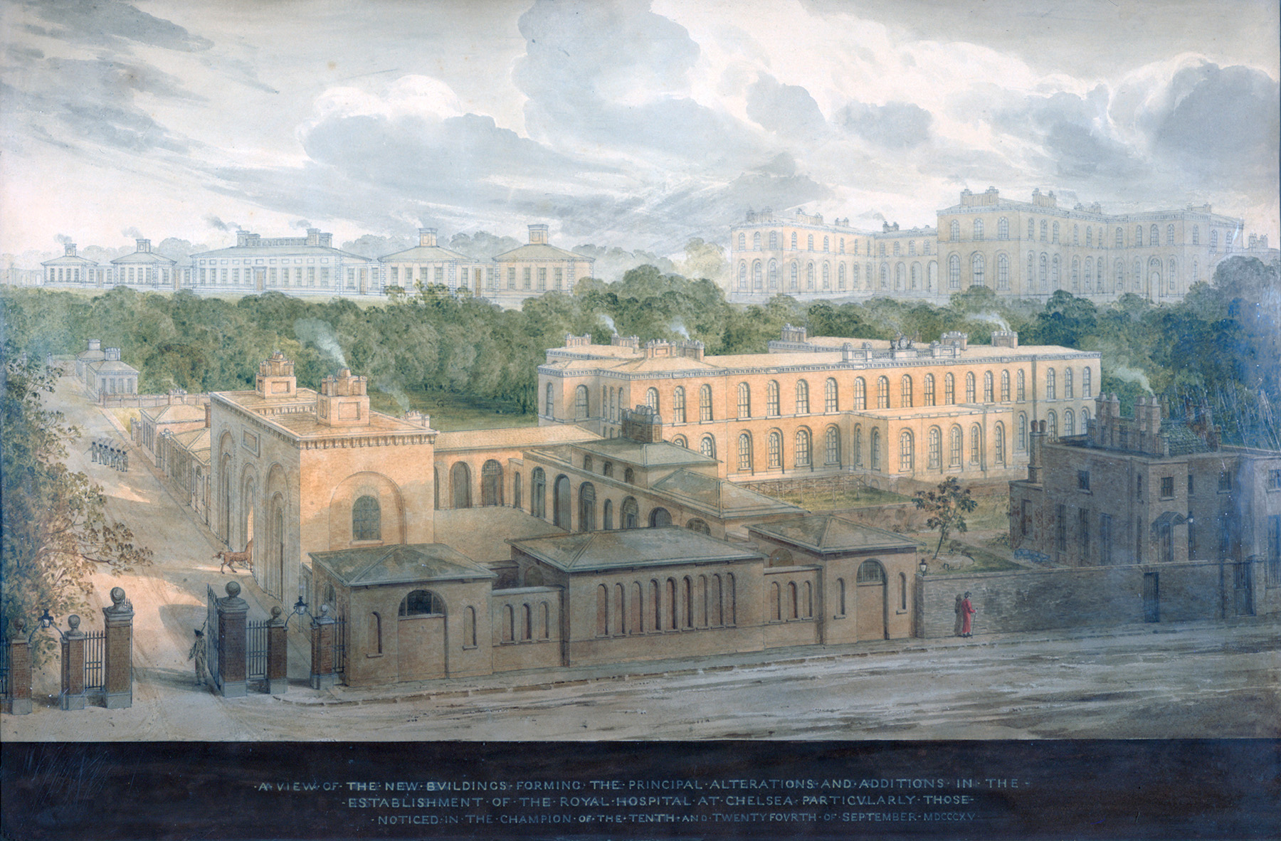 'A View of the new buildings forming the principal alterations and additions in the establishment of the Royal Hospital at Chelsea Hospital’, 1818, by Joseph Michael Gandy ARA.