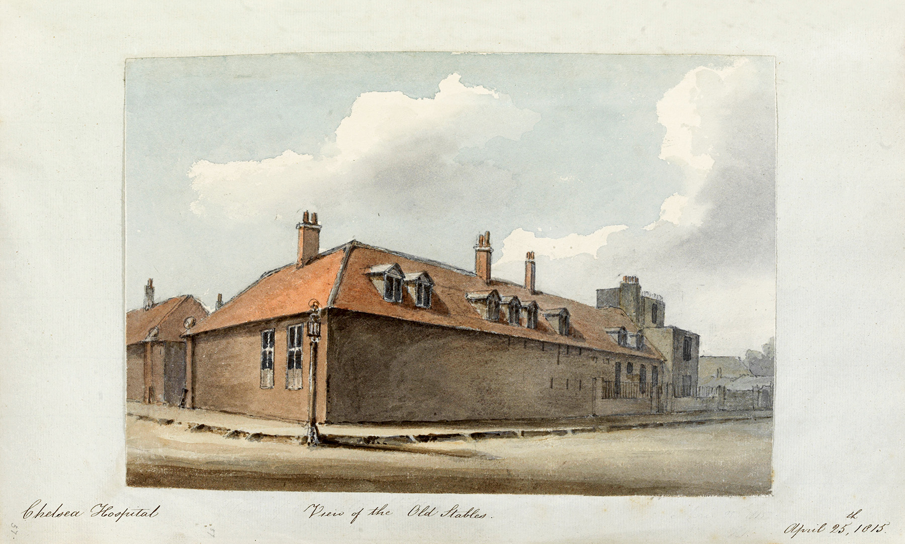 View of the original Wren Stables, together with the original Clerk of Works' House’ (on the right), 1815. 