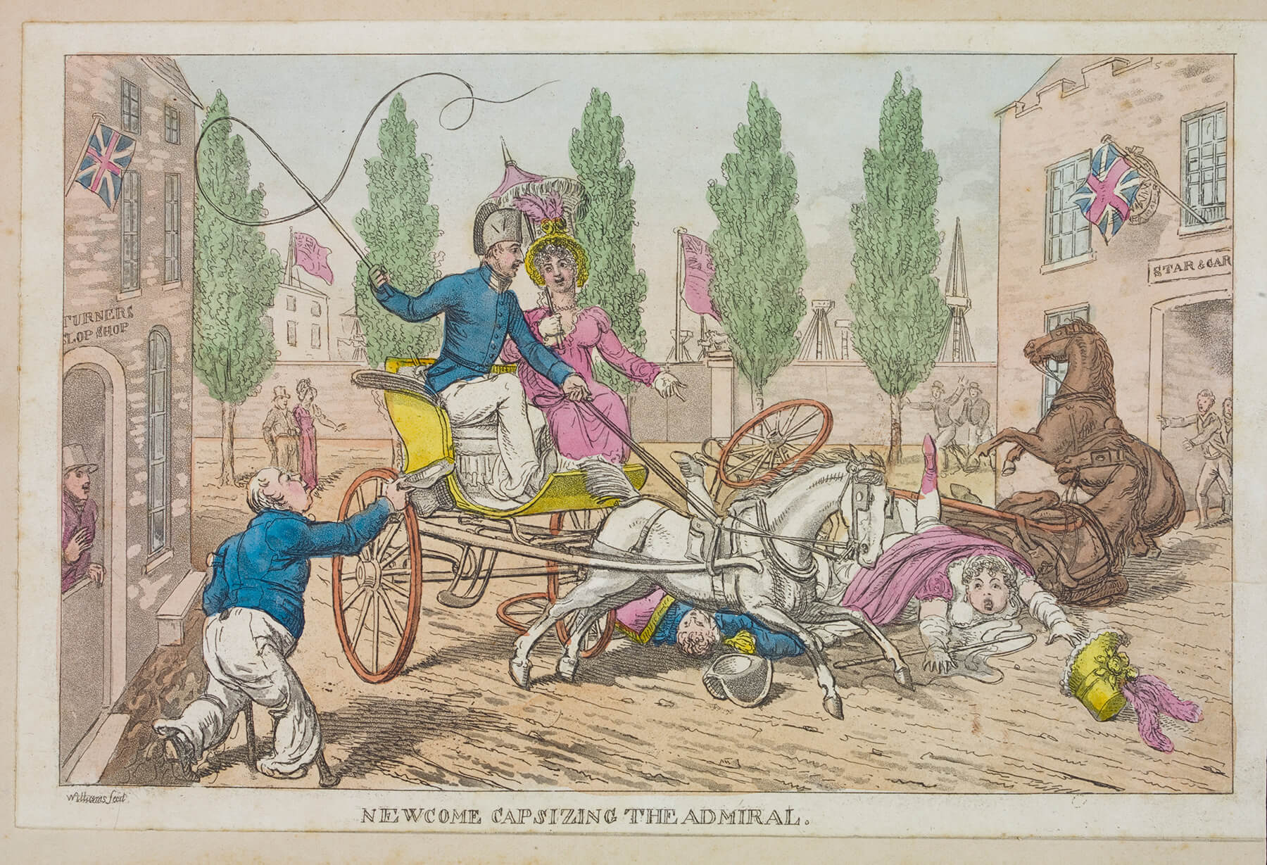 In this satirical print of 1819, Midshipman Newcome crashes his gig into the admiral’s two-horse carriage. © Victoria & Albert Musuem, London