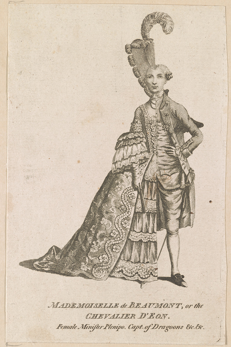 ‘Mademoiselle de Beaumont or The Chevalier D'Eon’. Caricature of d'Éon dressed half in women's clothes, half in men's clothes, 1777. Library of Congress