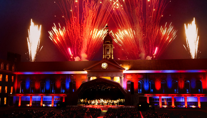 Fireworks illuminate the night sky during a concert at the Royal Hospital Chelsea