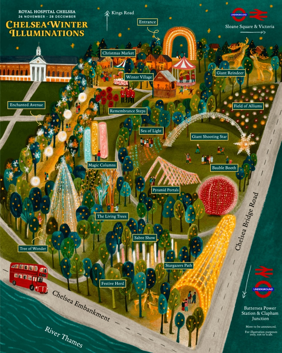 A detailed map marking points of interest at the Royal Hospital Chelsea's Ranelagh Gardens for the Chelsea Winter Village & Illuminations