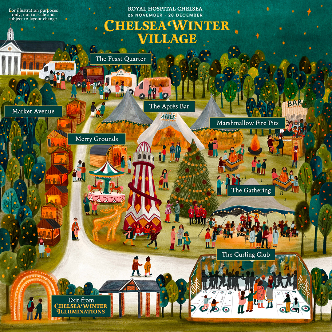 Colourful event map depicting Ranelagh Gardens at The Royal Hospital Chelsea adorned with festive Christmas decorations, trees, fun fair rides and twinkling lights as part of the Chelsea Winter Village event.
