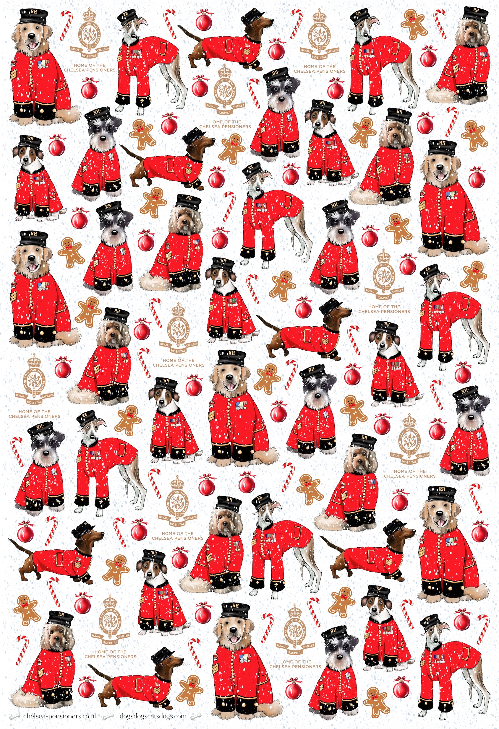 Tea Towel featuring various different cartoon dogs wearing the scarlet coats of the Chelsea Pensioners, with golden gingerbread men interlaced