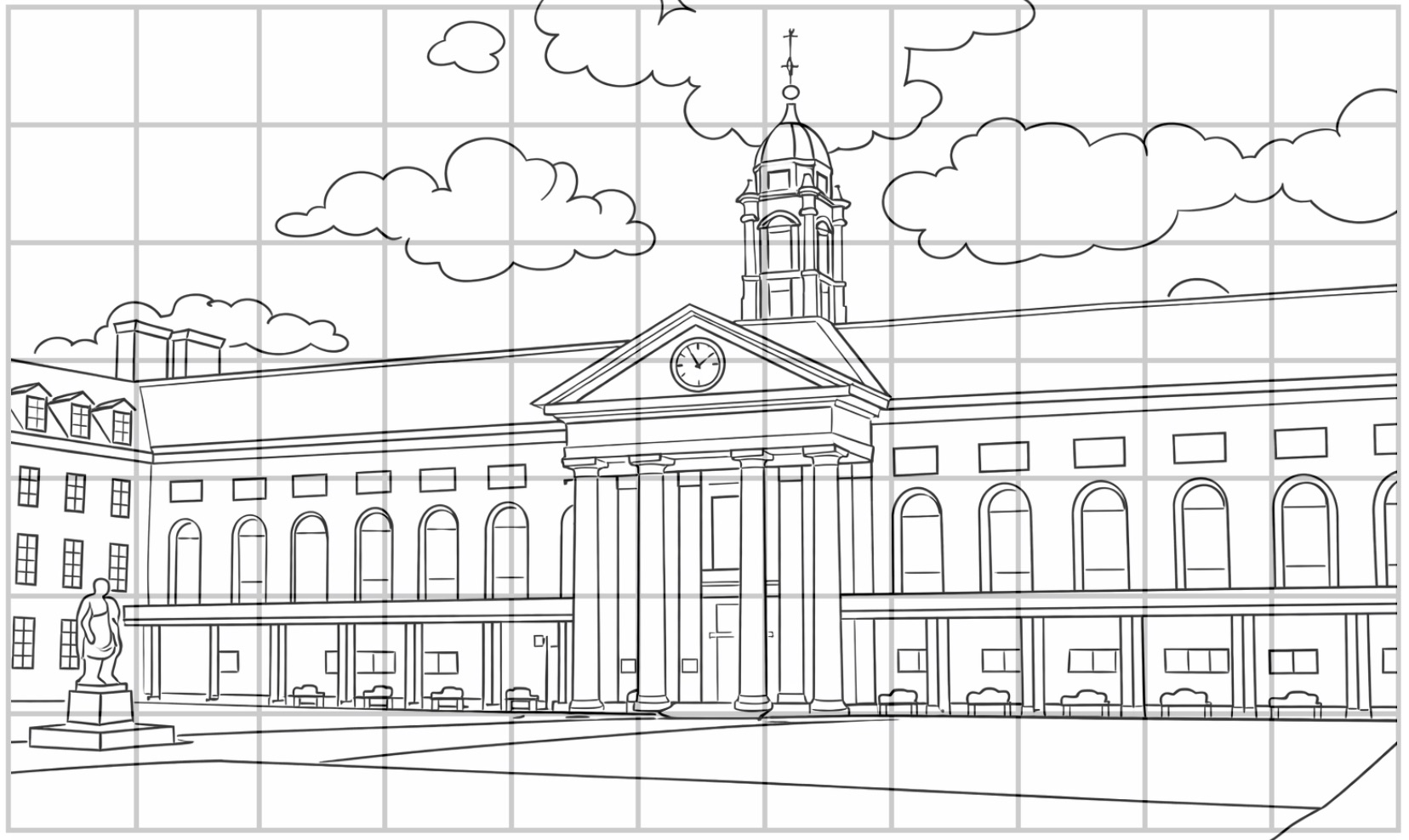 Line drawing of the Royal Hospital Chelsea façade with central clock tower and colonnade, shown with a grid overlay for art or colouring activity.