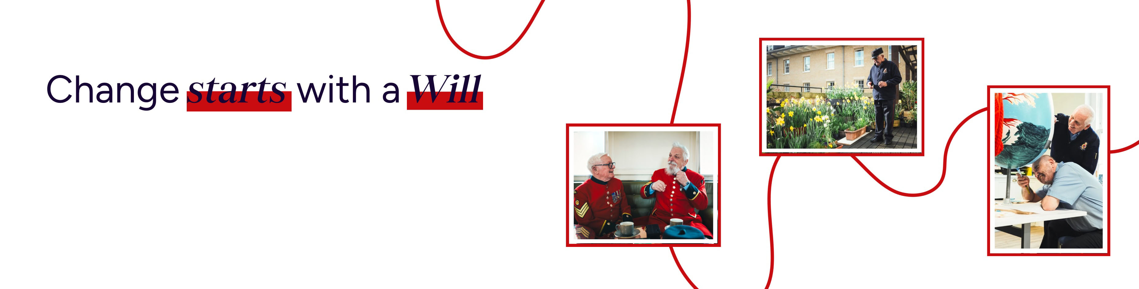 A banner featuring the text "Change Starts with a will" with small photos of Chelsea Pensioners living their best life and dual logos from the Royal Hospital Chelsea and OctopusLegacy