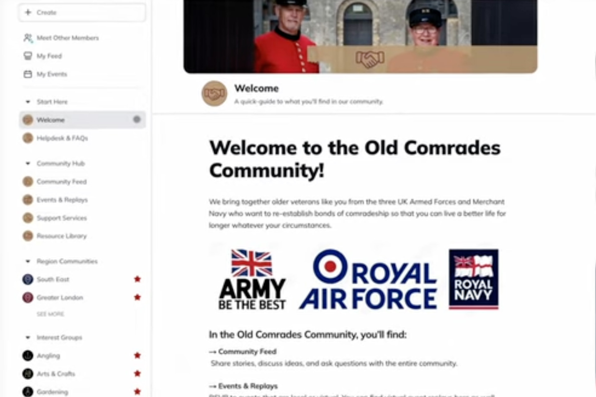 A screenshot showing the welcome screen of the online digital platform Old Comrades