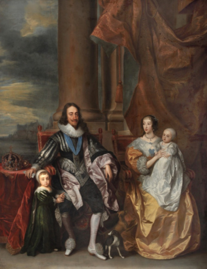 A historic royal portrait featuring a man, two children and a woman with a crown on a red table, a pillar behind them and a dark blue sky in the distance.