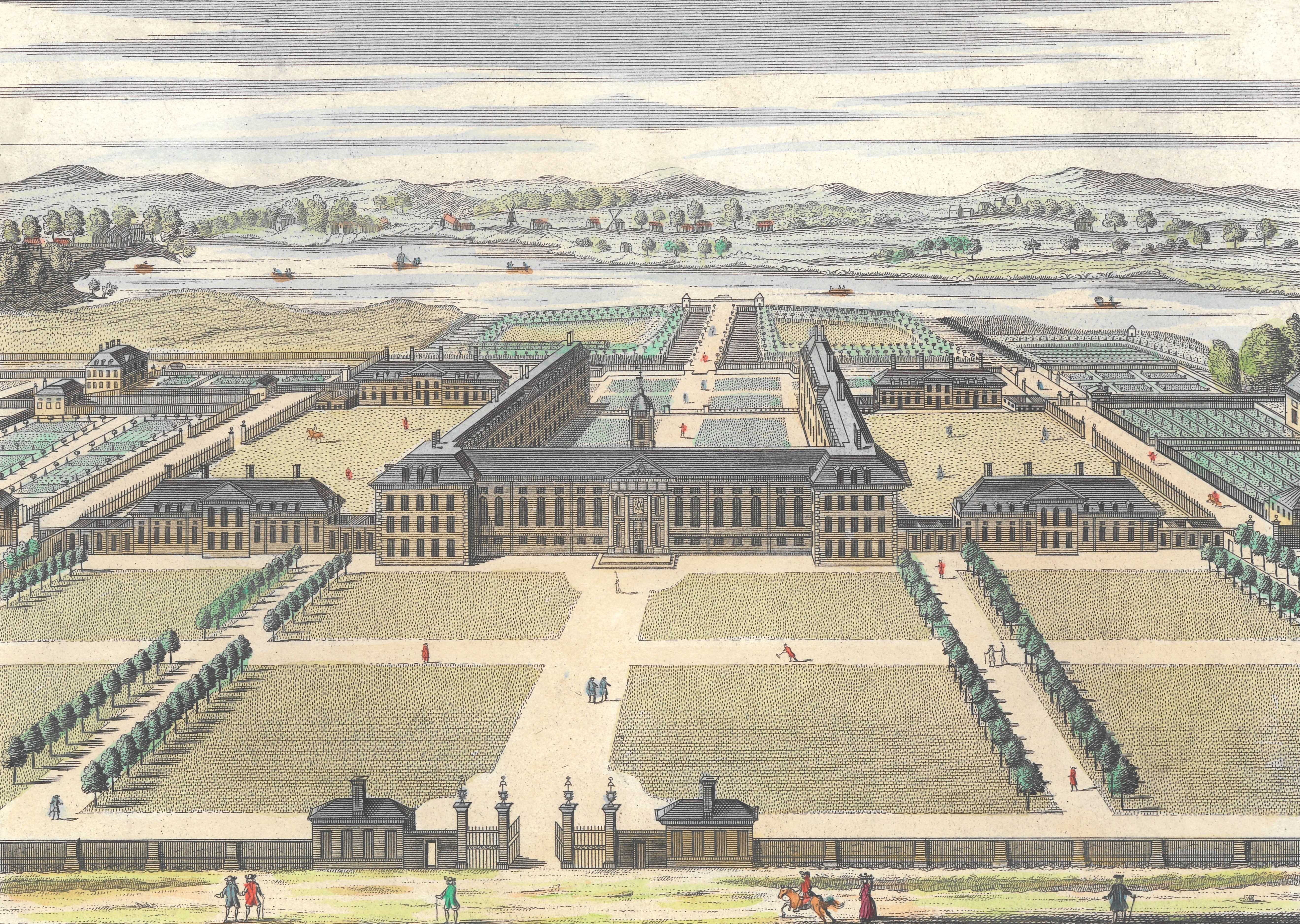 A historical landscape illustration of the Royal Hospital Chelsea.