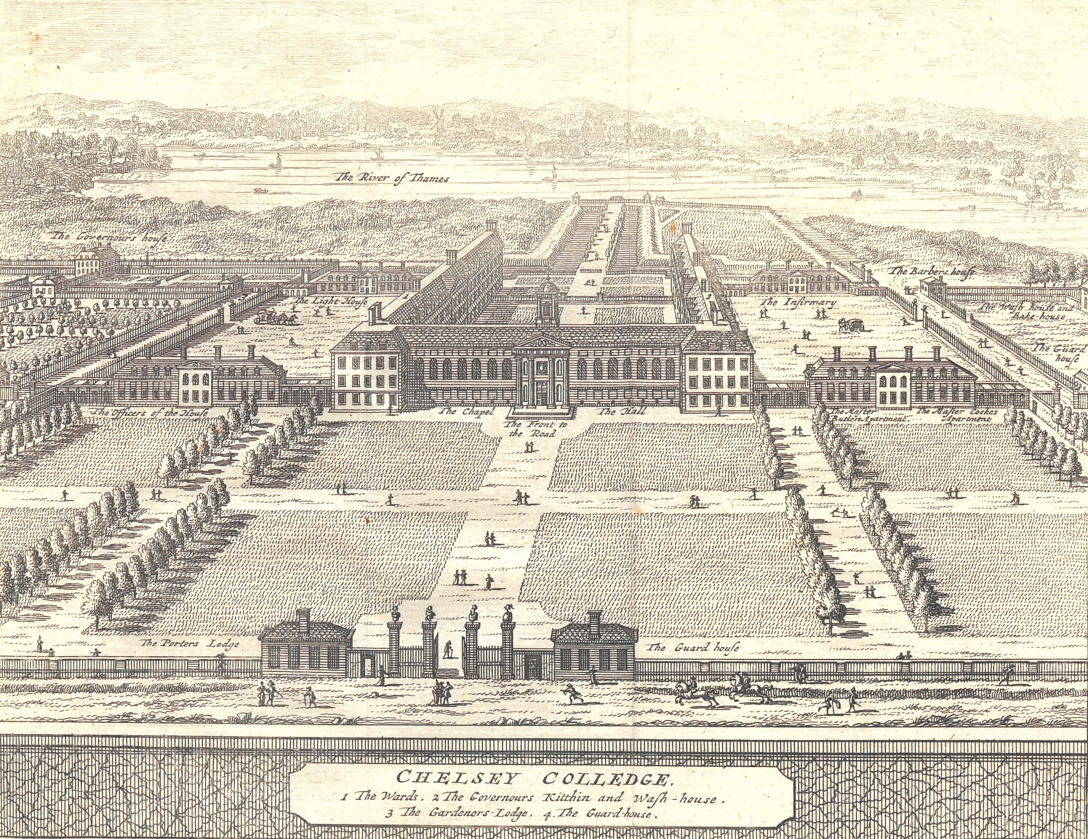 An illustrated historical landscape of the Royal Hospital Chelsea
