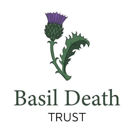The Basil Death trust logo, featuring a purple flower with a green stem, and green text on a white backgroud.