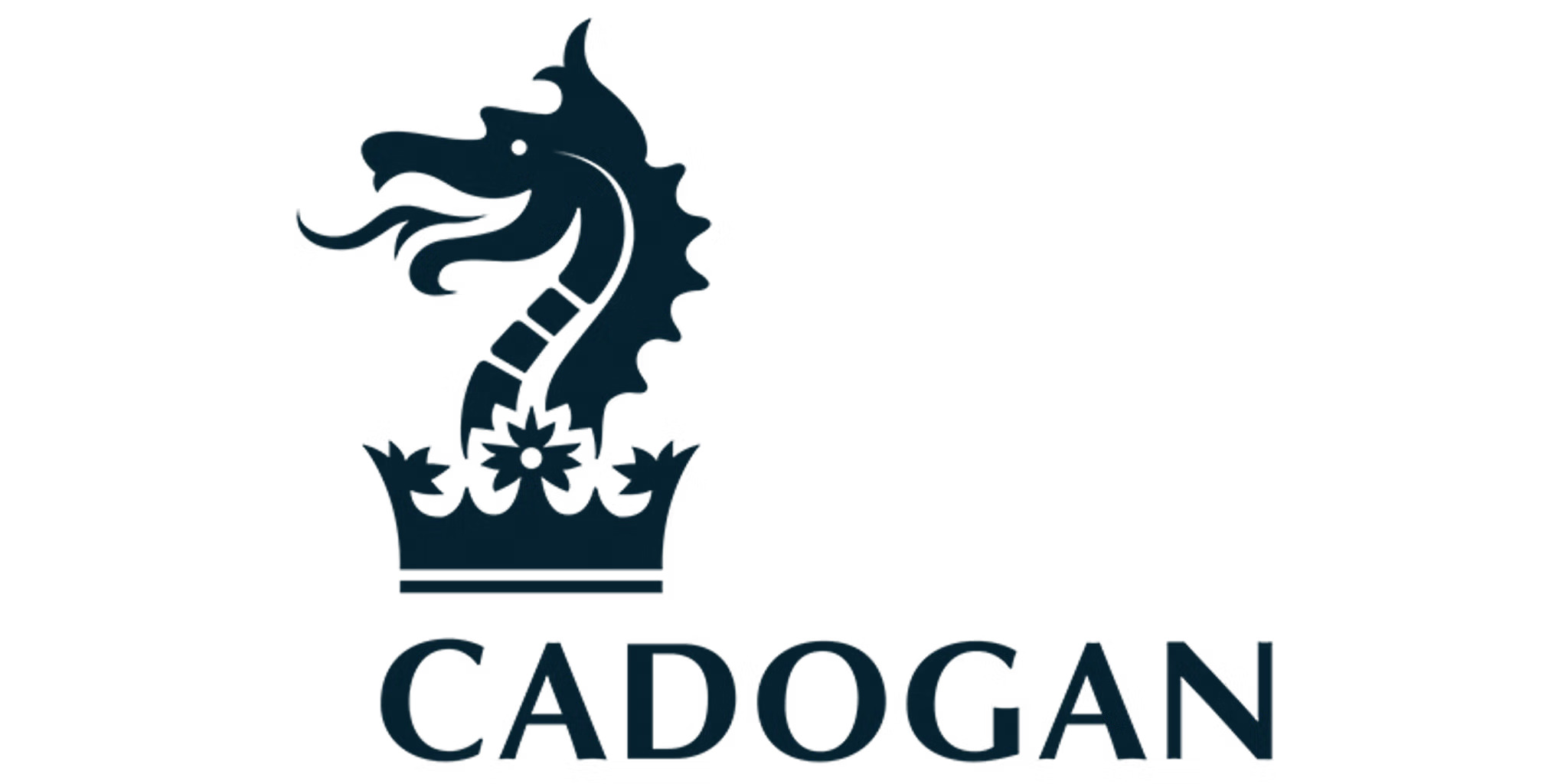 Cadogan's logo, featuring their name in blue text and a dragon on a white background