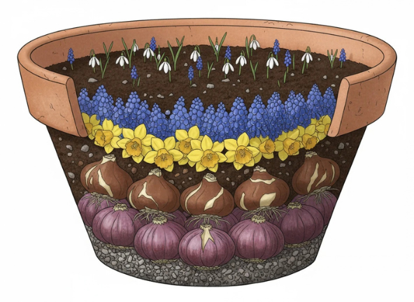 an image of bulb lasagna, with layers of bulbs sitting in the inside of a pot and soil. 