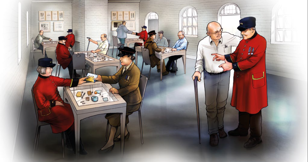 Drawing of Pensioners socialising with service personnel and other veterans in the new stable block