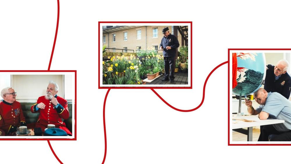 A montage depicting Chelsea Pensioners living their lives. Two Pensioners sit wearing their scarlet coats while chatting over coffee, another Pensioner tends a beautiful garden wearing his blues uniform, while a third images show two Pensioners in more relaxed clothing painting an art installation