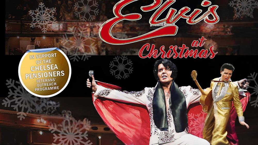 2 Elvis impersonators standing in front of a crowded auditorium, one dressed all in white, the other in gold