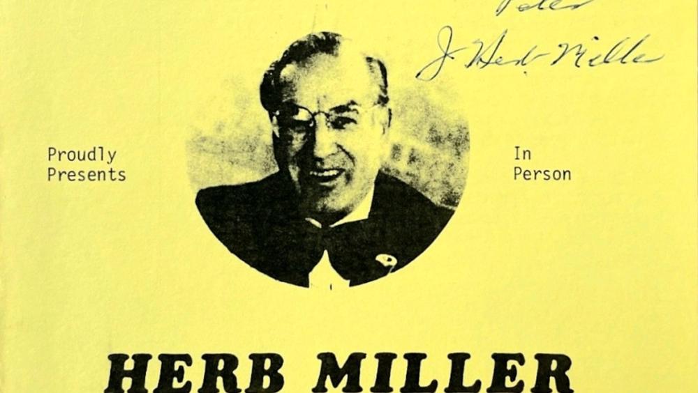 A WWII era poster featuring Herb Miller's black and white photo on a yellow text heavy flyer