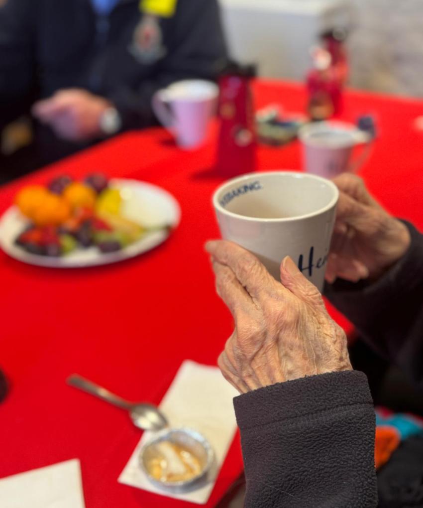 Elderly hands holding a white mug of tea. A red table cloth is spread out in the background with various mugs, cups and cutlery strewn about. A plate containing fruits is also sat on the table.