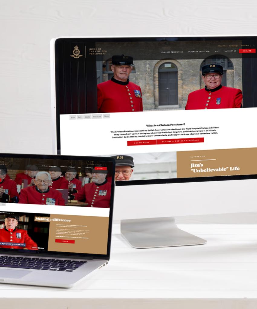 A composite image showing a desktop & laptop computer, alongside an iPad and iPhone all sat on a desk browsing various Royal Hospital Chelsea web pages