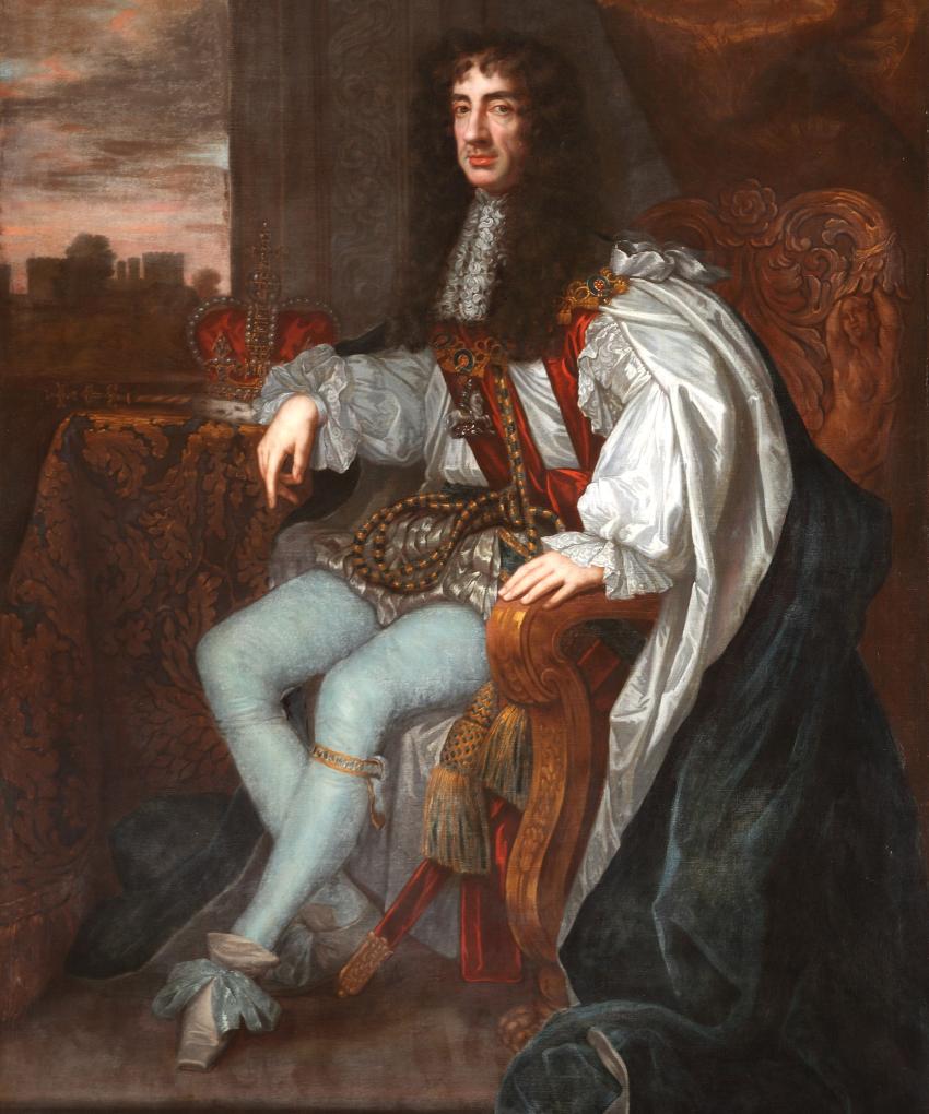 A portrait of King Charles II of England, in Royal uniform sitting down aside a table, where his crown sits. 