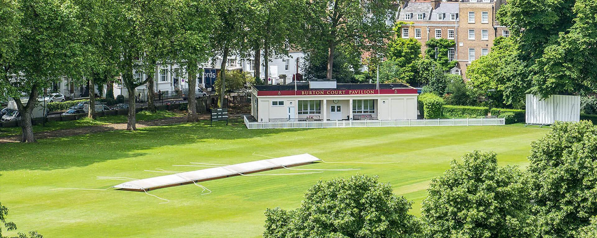 Burton Court Cricket pitch as shot from an elevated aerial position