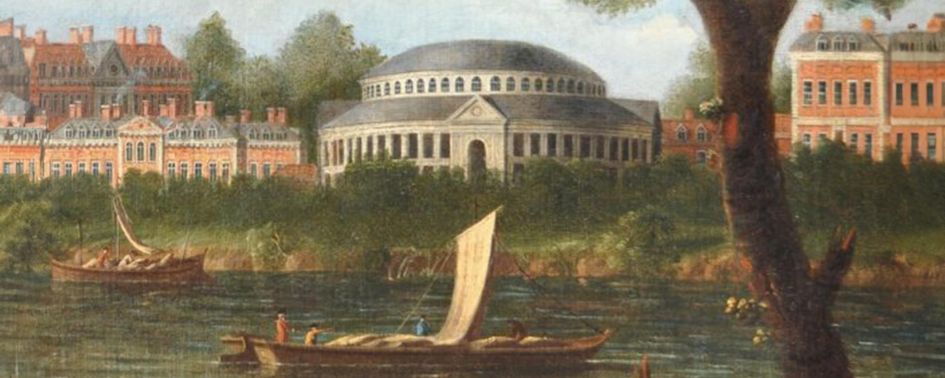 Illustrated painting of the River Thames and boats sailing past the Royal Hospital and it's long since demolished Rotunda
