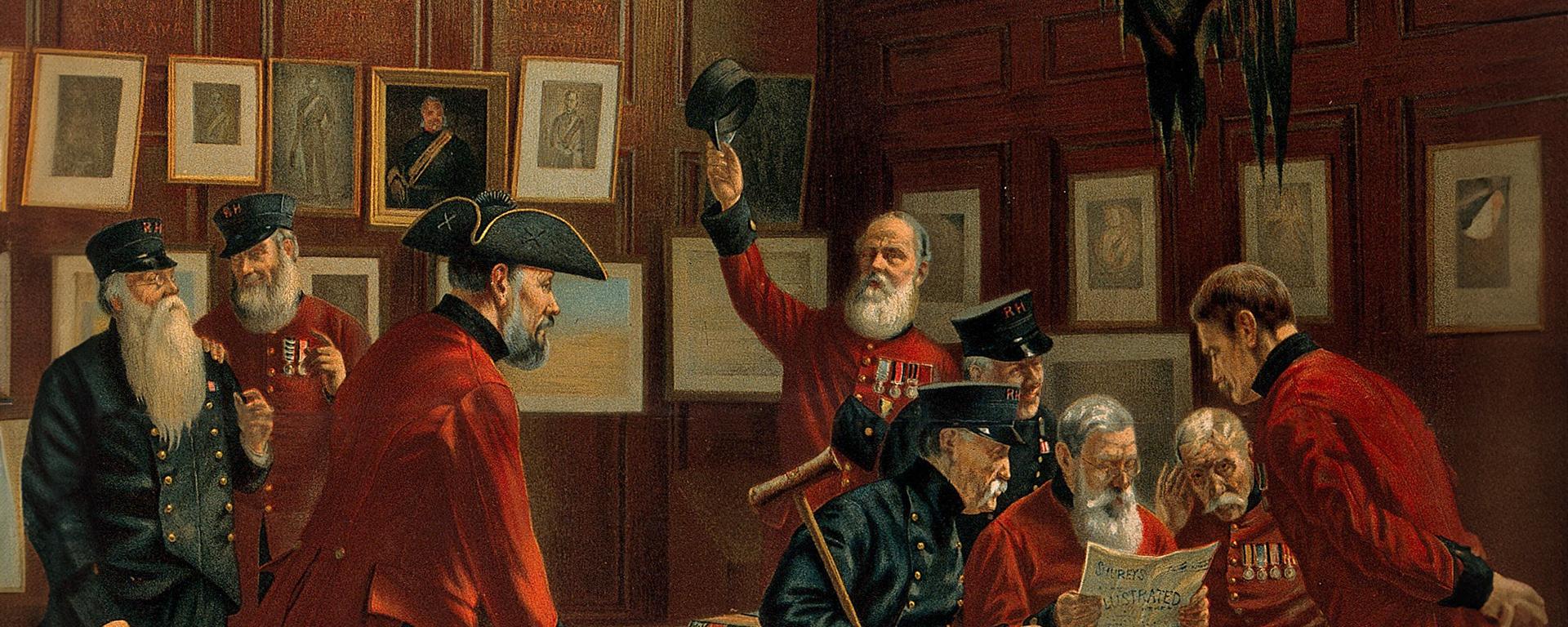 Illustrated portrait of Chelsea Pensioners in the 19th century enjoying life at the Royal Hospital Chelsea