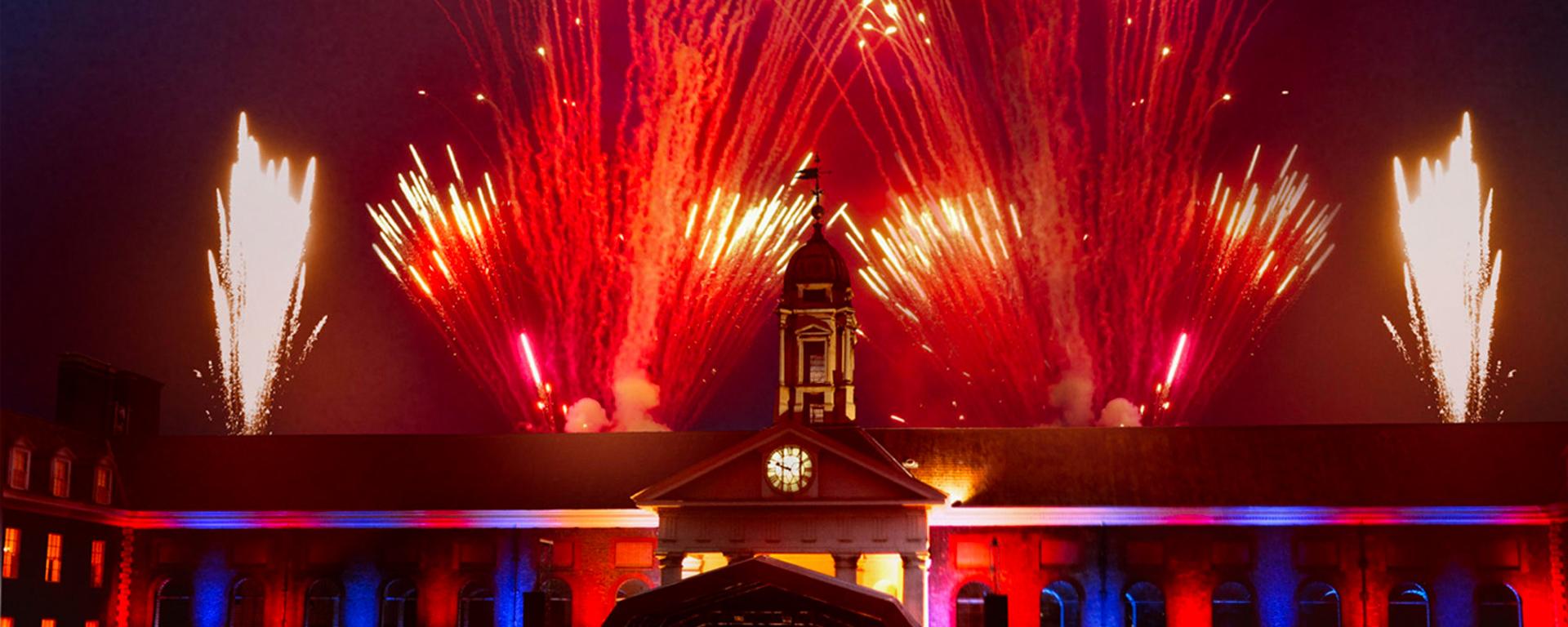 Fireworks illuminate the night sky over a live concert taking place in Figure Court at the Royal Hospital Chelsea