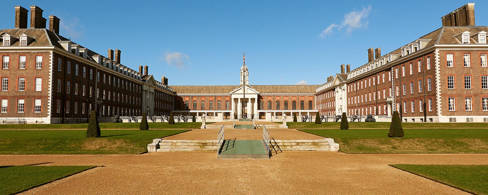 Royal Hospital Chelsea - facing figure court from the south grounds on a bright clear day.