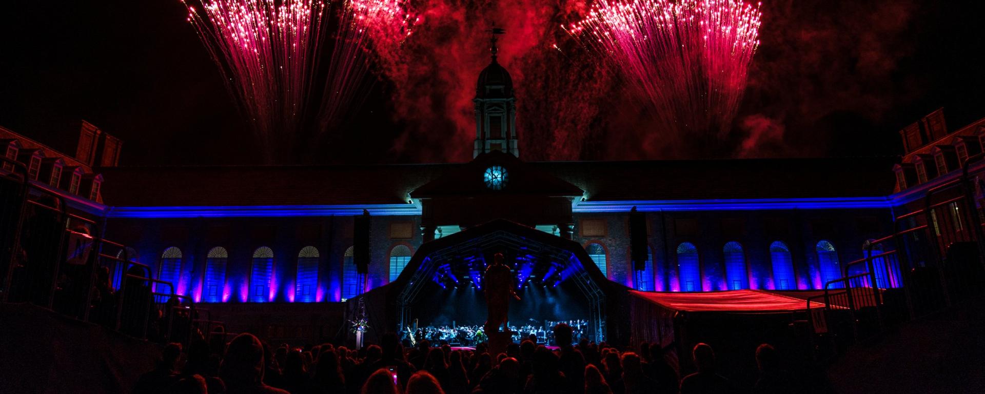 Fireworks illuminate the sky during a live event at the Royal Hospital Chelsea