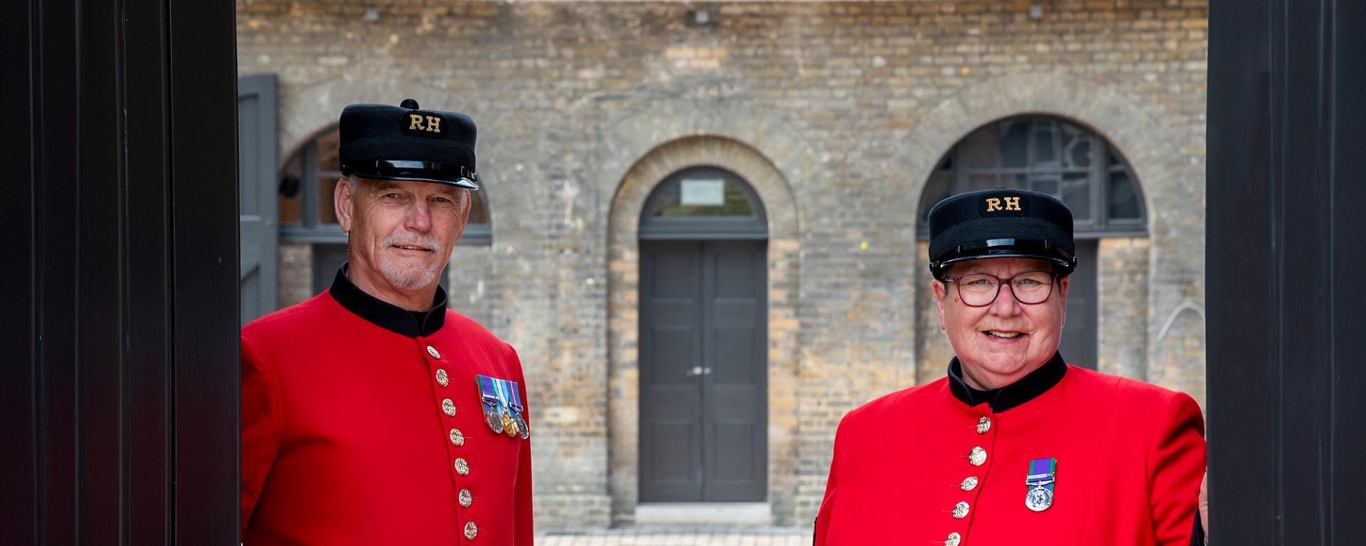 Chelsea Pensioners welcome visitors to the new Soane Stable Yard at The Royal Hospital Chelsea