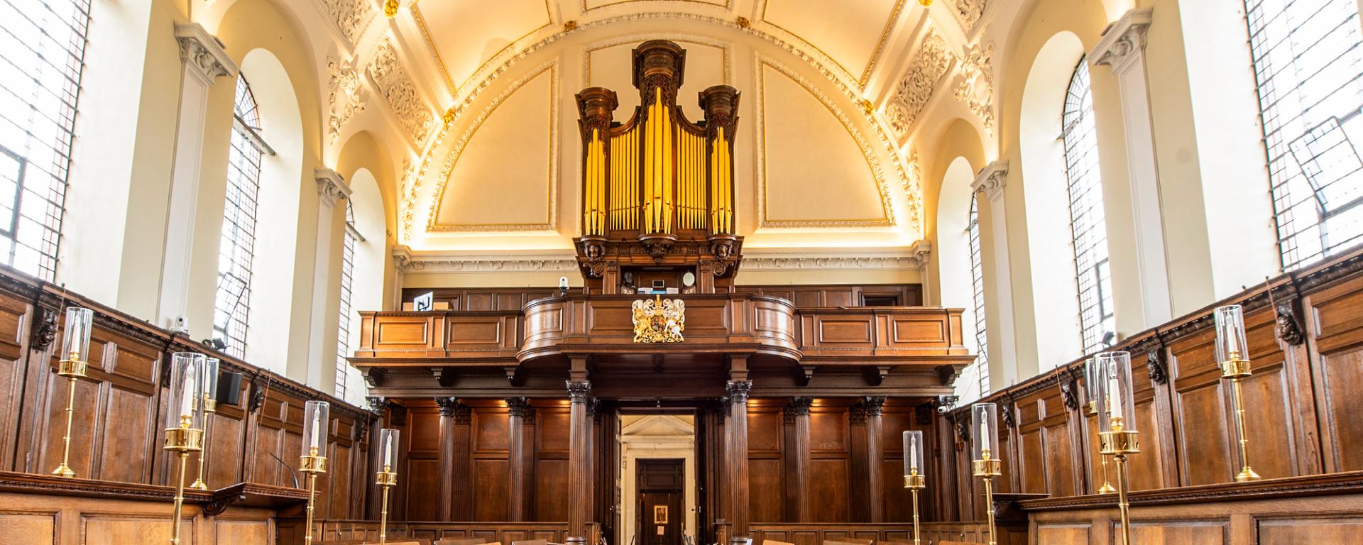 A view of the magnificent organ within the Wren Chapel at the Royal Hospital Chelsea