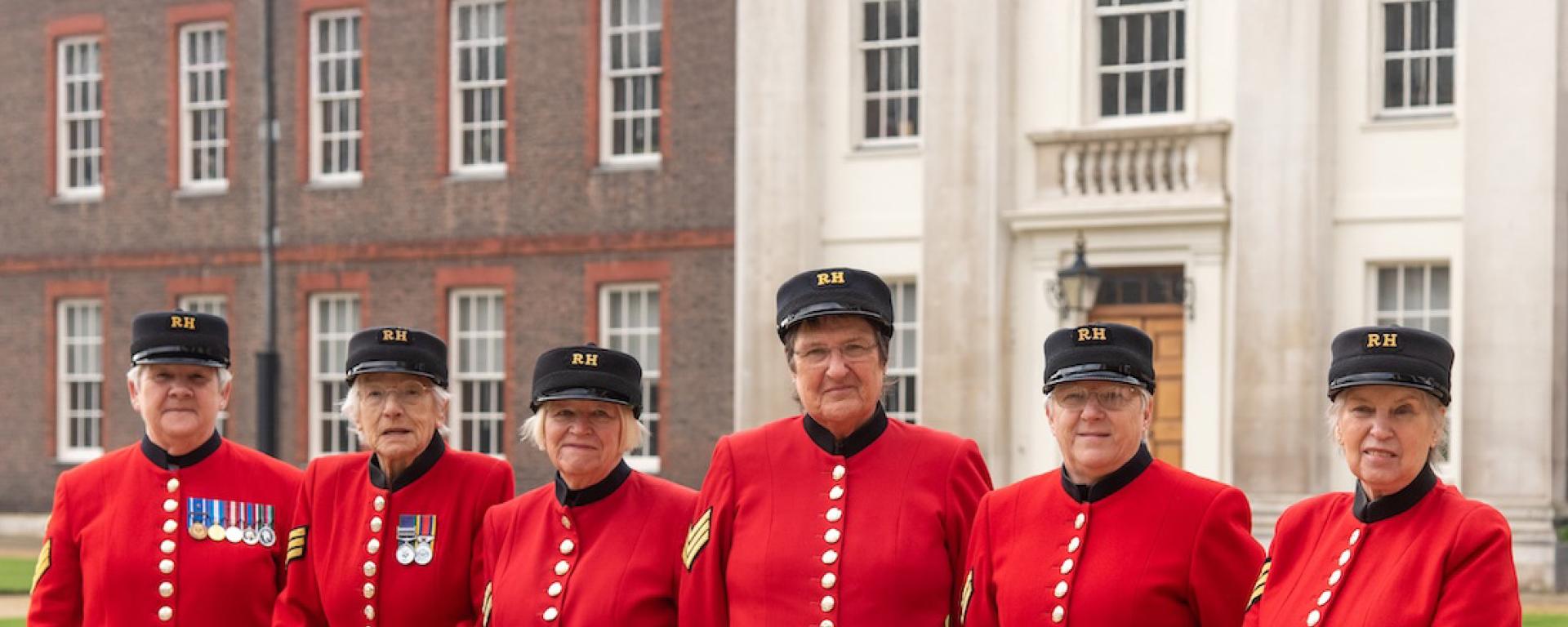 Women of the Royal Hospital Chelsea assemble in Figure Court