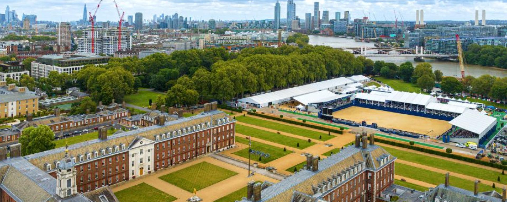 Global Champions Arabians Tour at The Royal Hospital Chelsea - Aerial view shows the grounds of the Royal hospital with the London skyline in the background