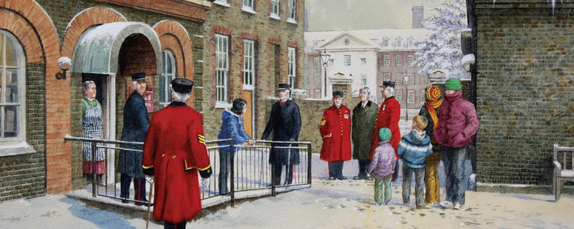 A hand-illustrated Christmas scene featuring Chelsea Pensioners in their vivid Scarlet uniform alongside civilians, in a courtyard covered in snow, next to a historic building made of brick. The Royal Hospital Chelsea, covered in snow is seen in the background.