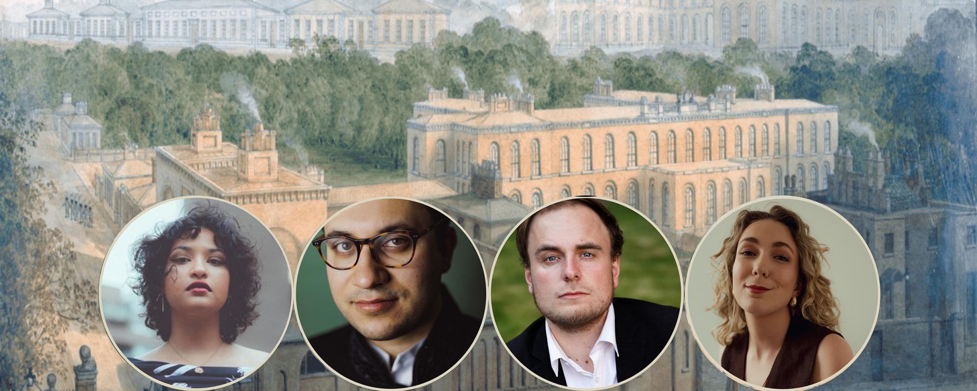 A promotional banner showing four performers in circular portrait frames arranged in a row. Two women and two men are pictured against a soft illustrated background of the Royal Hospital Chelsea and its surrounding grounds, indicating a classical music or opera performance connected to the historic site.