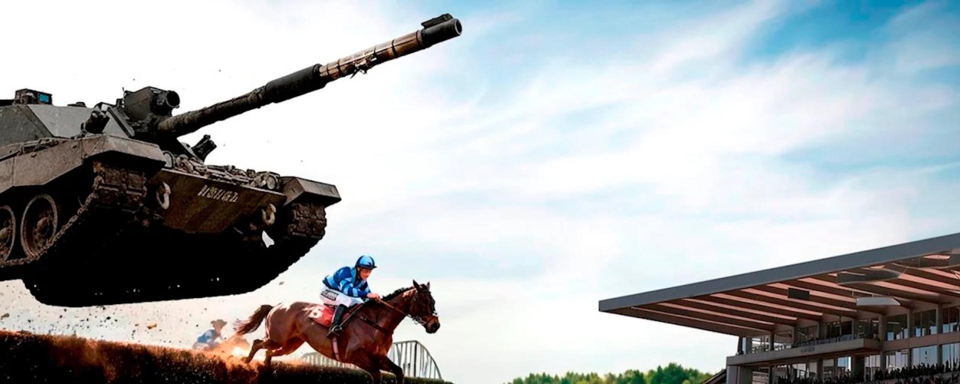 A dramatic, stylised scene showing a racehorse and jockey clearing a jump on a racecourse while a military tank appears airborne above them. The horse is mid-leap over a hurdle, with a grandstand visible to the right and dirt flying beneath the tank, creating a surreal contrast between sport and warfare.
