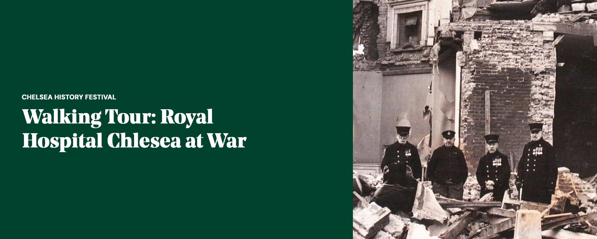 Historic image of Chelsea Pensioners amid bomb damage at the Royal Hospital Chelsea, featured in the Royal Hospital Chelsea at War walking tour.