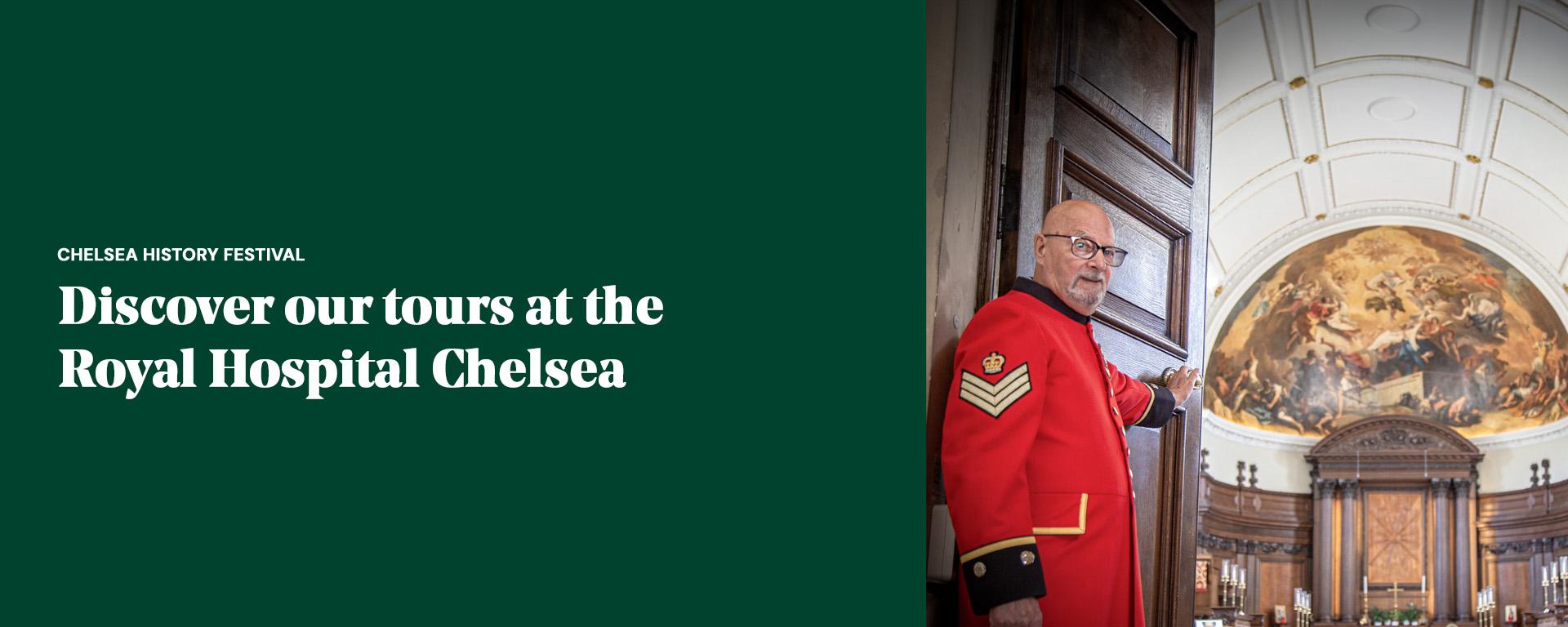 Chelsea Pensioner welcoming visitors into the Chapel at the Royal Hospital Chelsea, with the historic Wren-designed interior and painted apse visible beyond.