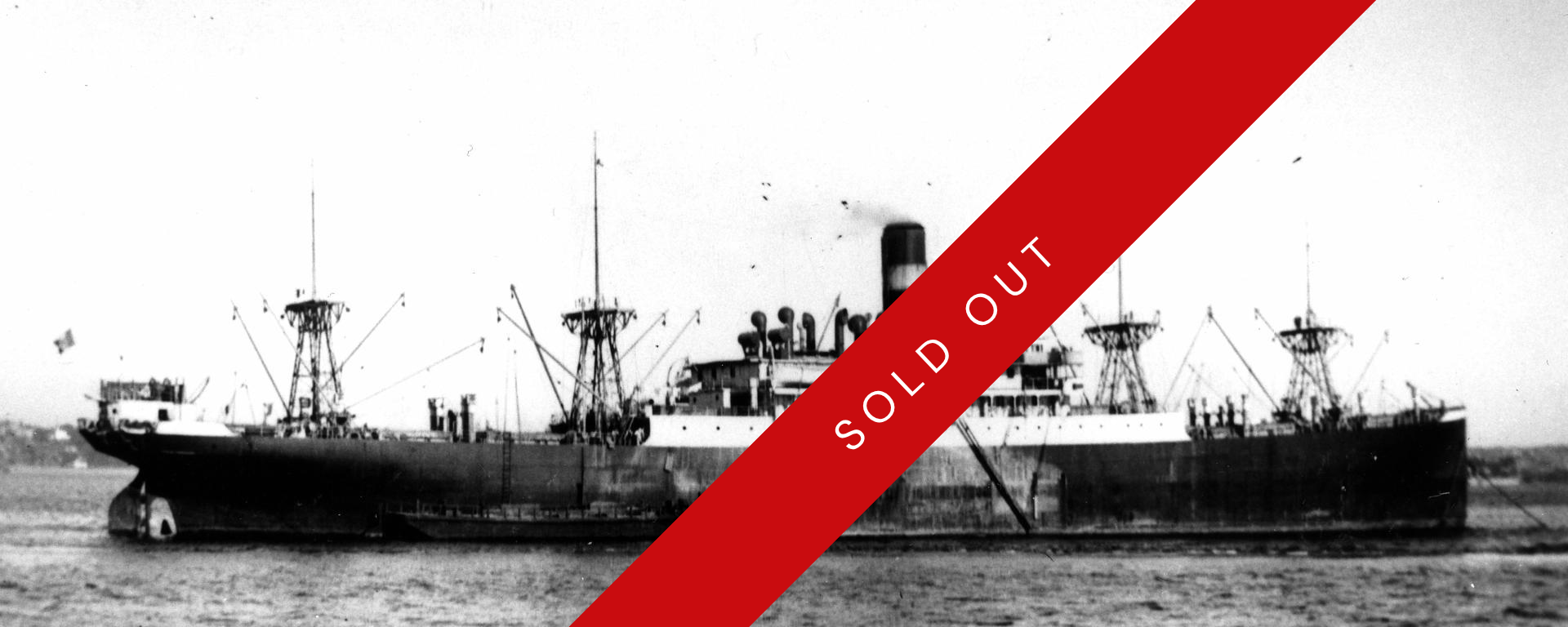A vintage black and white photo depicts a large ship at sear and is captioned - SS Dutchess D'Aosta, and red stripe indicating that the event it is prpmoting is sold out.